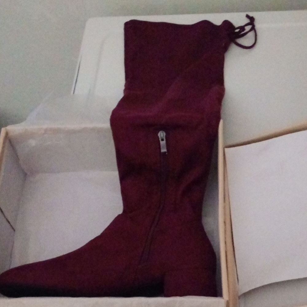 NEW Knee-High Boots Burgundy Low Heel
